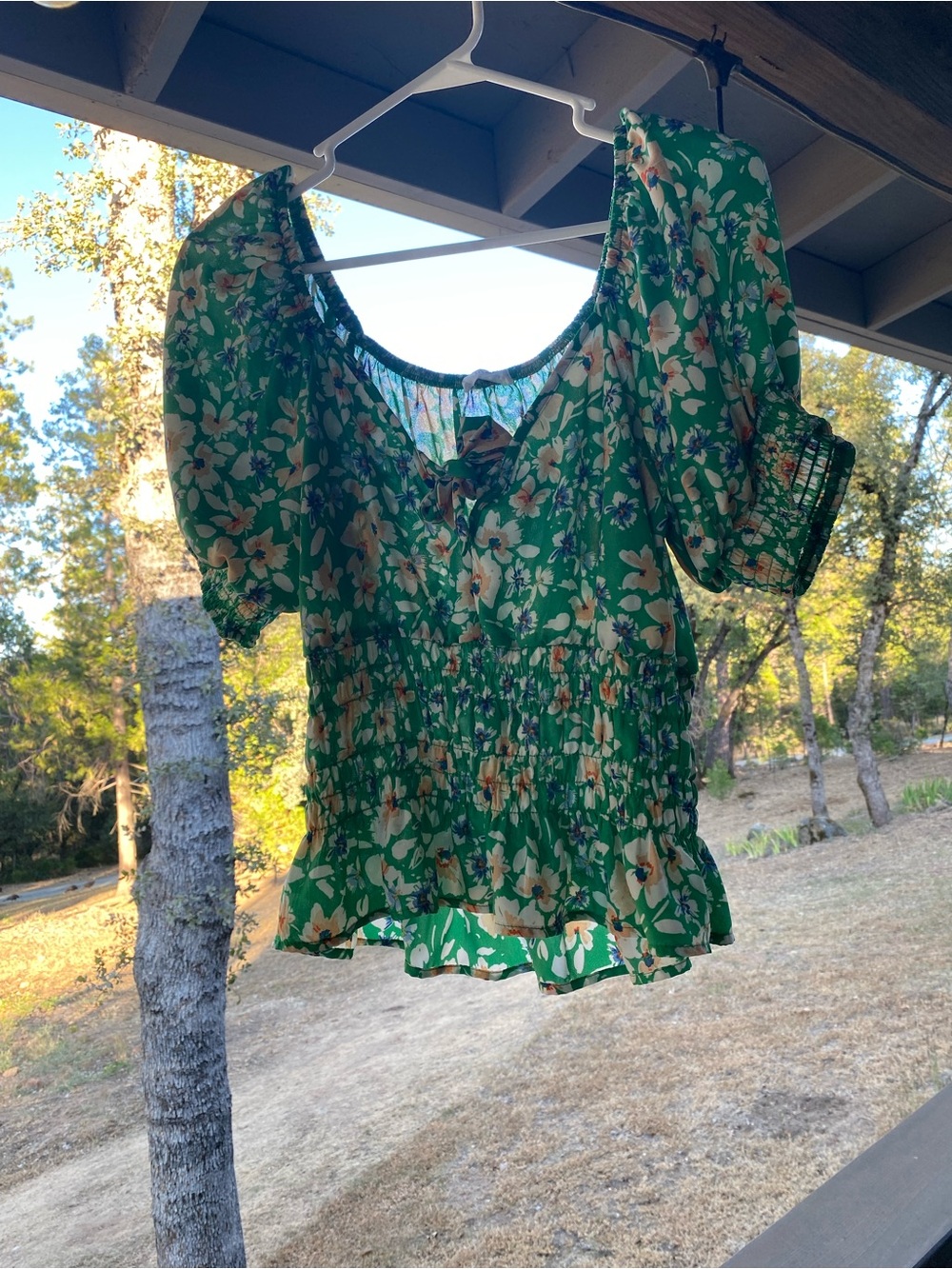 Sienna Sky Green Floral Puff-Sleeve Smocked Peplum Top